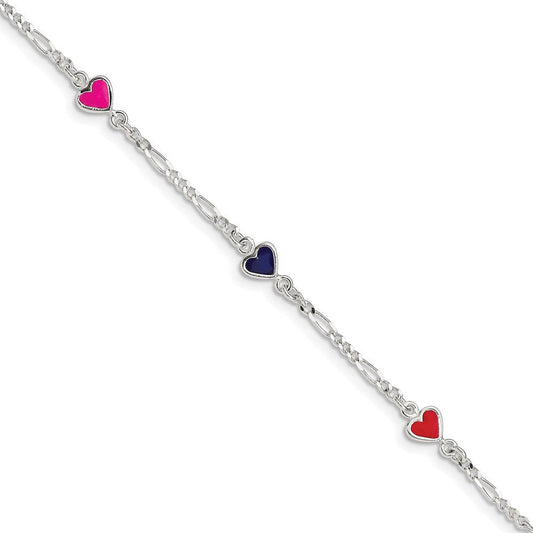 Sterling Silver Polished & Multi-color Enameled Hearts with 1 Inch Extension Children's Bracelet QG1327-6