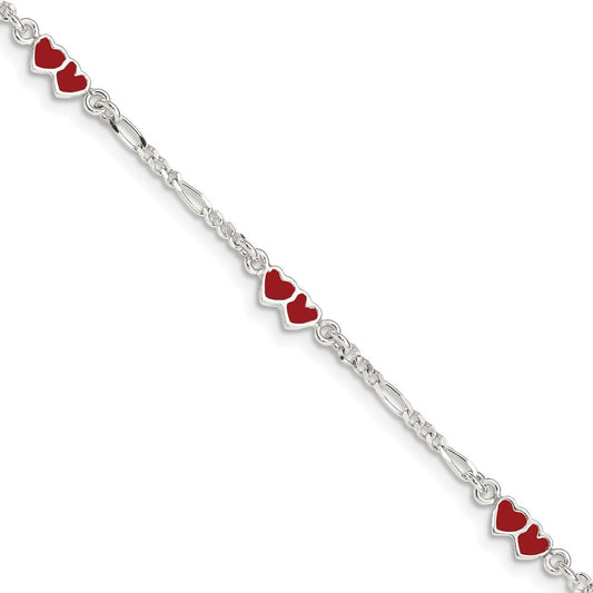 Sterling Silver Polished & Multi-color Enameled Double Heart with 1 Inch Extension Children's Bracelet QG1328-6