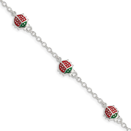 Sterling Silver Multi-color Enamel Ladybugs w/ 1in ext. Children's Bracelet QG1334-6