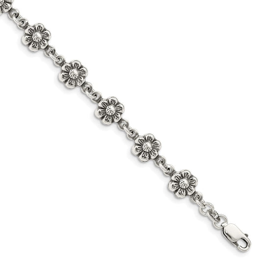 Sterling Silver Antiqued Flower Charm Bracelet QG1548-7
