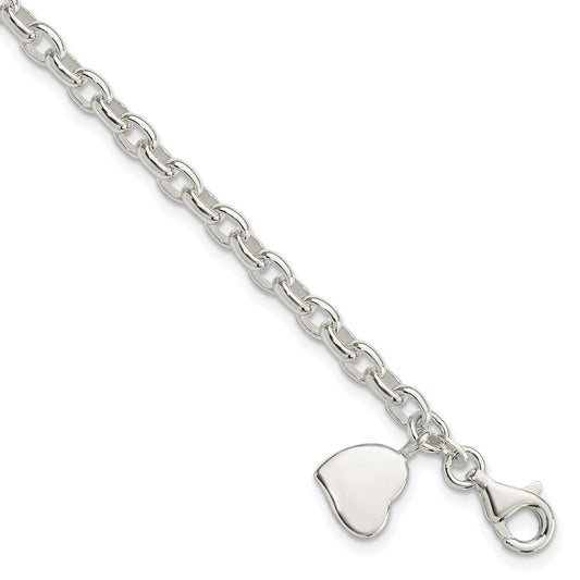 Sterling Silver Oval Rolo with Solid Engraveable Heart Bracelet QG1575-7