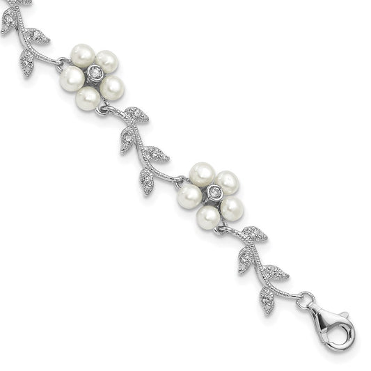 Sterling Silver Rhodium-plated CZ Vine Pattern and Fresheater Cultured Pearl Floral 7 inch Bracelet QG1805-7