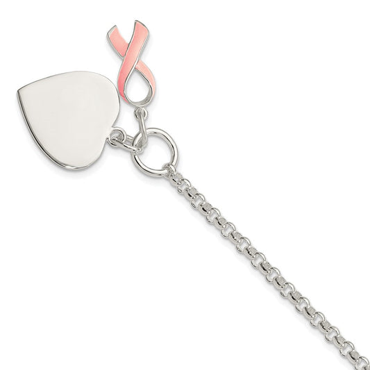 Sterling Silver Fancy Engraveable Heart with Pink Ribbon Bracelet QG2171-7.5