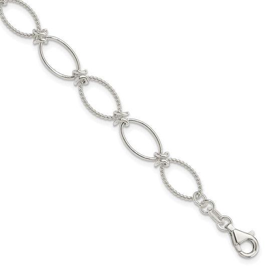Sterling Silver Polished Textured Fancy Oval Link Bracelet QG3060-7.5
