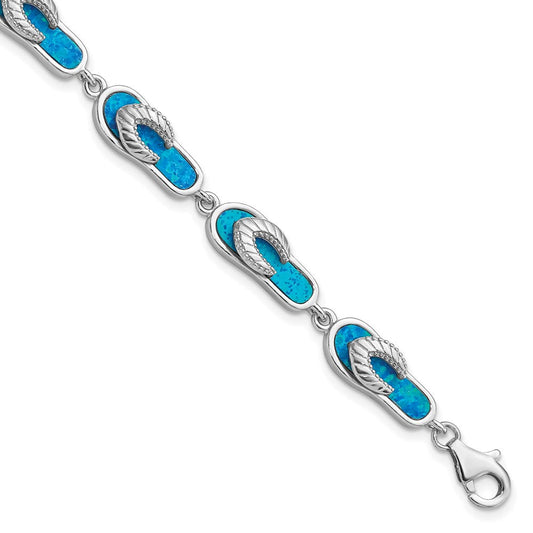 Sterling Silver Rhodium-plated 7in Created Blue Opal Inlay Sandal Bracelet QG3113-7