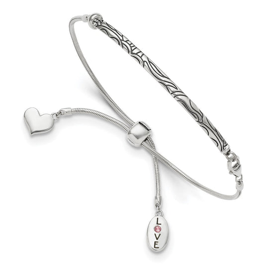 Sterling Silver Antiqued Reflections Crystal Love Heart Adjust Bracelet QG3498