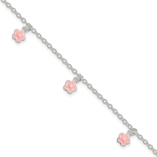 Sterling Silver Polished Pink Enamel Flowers w/1.5in Ext Children's Bracele QG3514-5.5