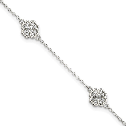 Sterling Silver Rhodium-plated Polished CZ Four Leaf Clover 7in Bracelet QG3910-7
