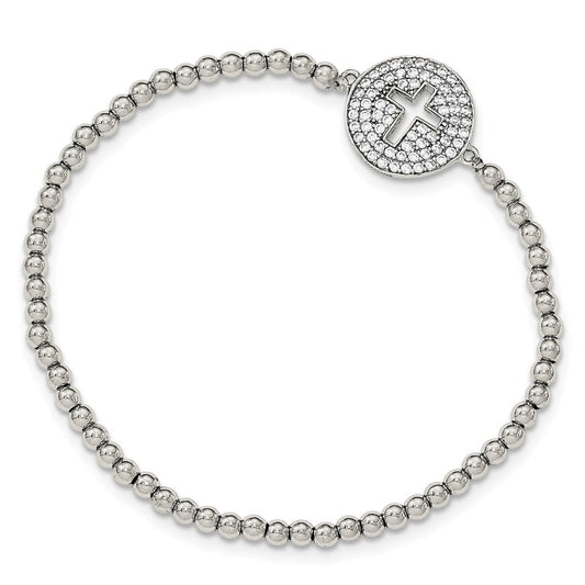 Sterling Silver Rhodium-plated CZ Cross Polished Beaded Stretch Bracelet QG3912