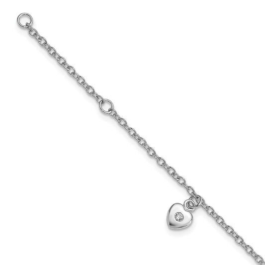 Sterling Silver RH-plated Polished CZ Heart w/ 1in ext. Children's Bracelet QG4084-5.5
