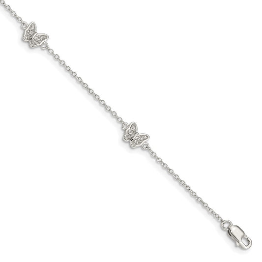 Sterling Silver Rhodium-plated Polished CZ Butterflies 6 inch Bracelet with 1 inch extension QG4098-6