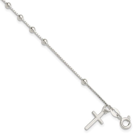 Sterling Silver Polished Beaded Cross 7.25in Bracelet QG4249-7.25