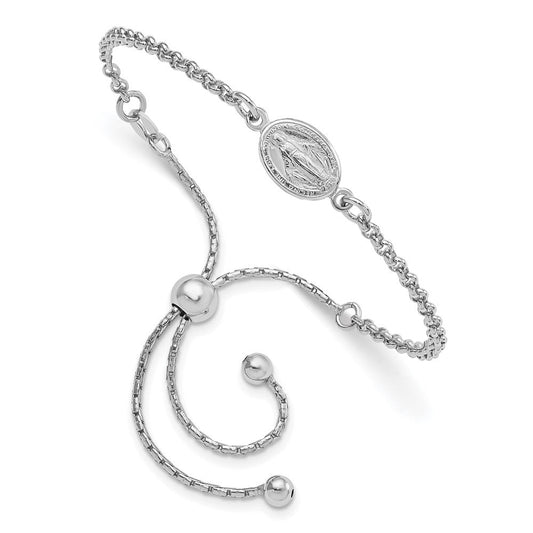 Sterling Silver Rhodium-Plate Miraculous Medal Adjustable 4-9in Bracelet QG4252