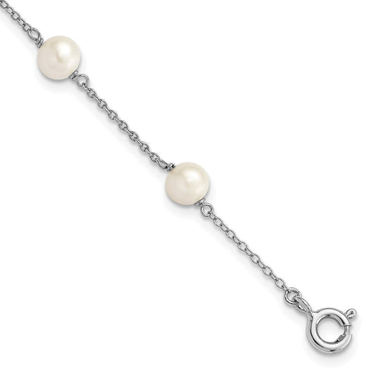 Sterling Silver Rhodium-plated 5-5.5mm White Semi-Round Freshwater Cultured Pearl 3-Station Children's 4 inch Bracelet QG4656-4