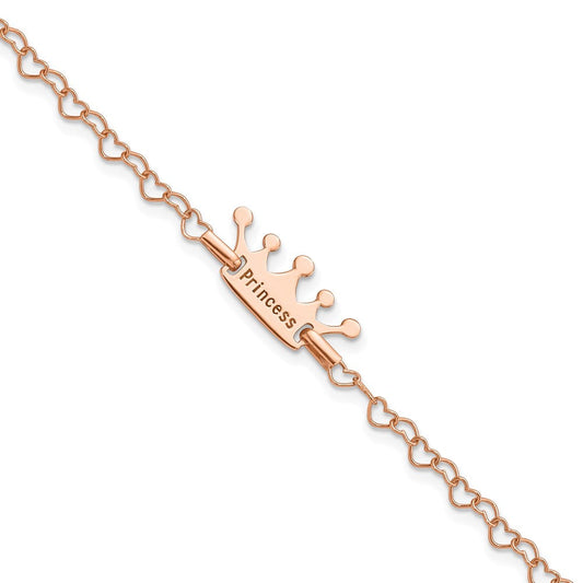 Sterling Silver Rose-tone Princess Crown Heart Link Children's Bracelet QG4657-6