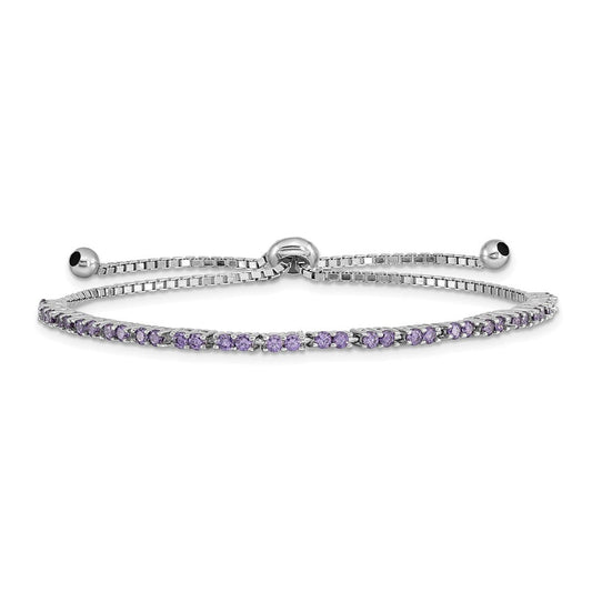 Sterling Silver Rhod-plated February Purple CZ Adjustable Bracelet QG4757FEB