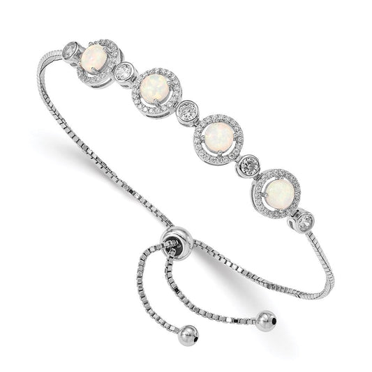 Sterling Silver RH-plated Created Opal and CZ Adjustable Bracelet QG4777