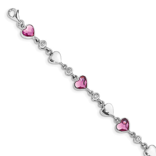 Sterling Silver Rhodium Plated Clear Crystals Pink Heart Crystals and Polished Hearts 6.5 inch Bracelet with 1 inch extension QG4913-6.5