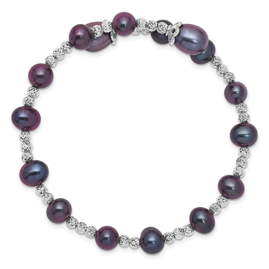 Sterling Silver Rhodium-plated 6-7mm and 8mm Black Teardrop and Near-Round Freshwater Cultured Pearl Wrap Flexible Bangle QG5104
