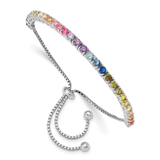 Prizma Sterling Silver Rhodium-plated 3mm Colorful CZ Adjustable Bolo Bracelet QG5659