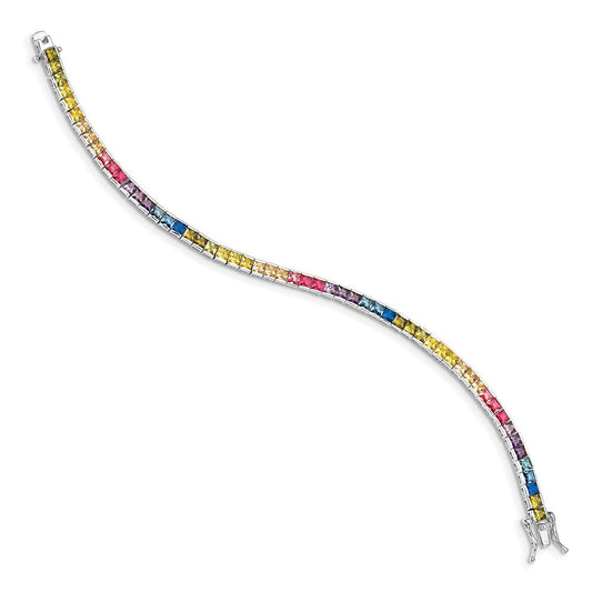 Prizma Sterling Silver Rhodium-plated 7.25 inch Channel-Set Colorful CZ Bracelet QG5662-7.25