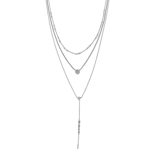 Sterling Shimmer Sterling Silver Rhodium-plated Adjustable up to 28 inches 61 Stone CZ 3 Strand Layer Y-Drop Necklace QG5716