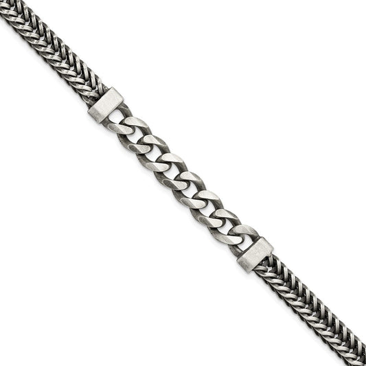 Sterling Silver Brushed Antiqued Wheat & Curb Chain Bracelet QG5740-8.5