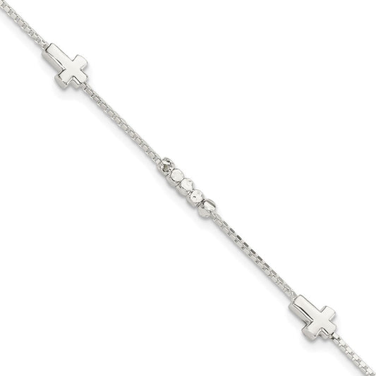 Sterling Silver Fancy Bead & Cross w/ 1in ext Bracelet QG5799-7