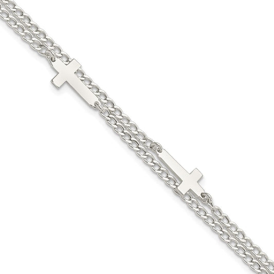 Sterling Silver Double Cross 2-Strand w/1in ext Bracelet QG5802-7