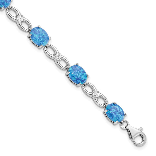 Sterling Silver Rhodium-plated Polished Blue Created Opal & CZ Bracelet QG5922-7.25