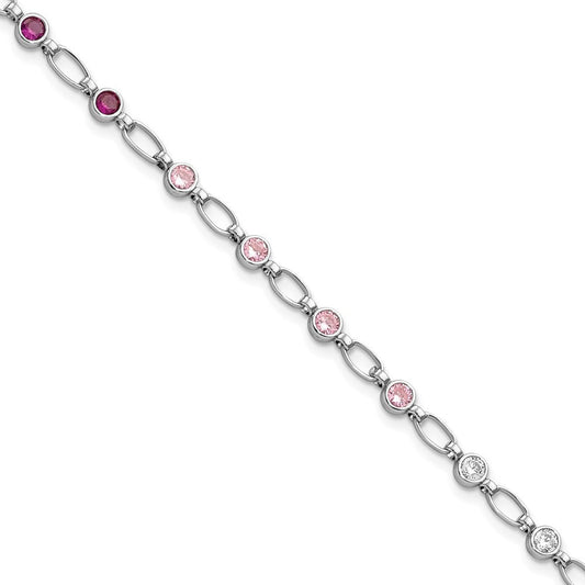 Sterling Silver Rhodium-plated Polished Red Pink Clear CZ Bracelet QG5938-7.25