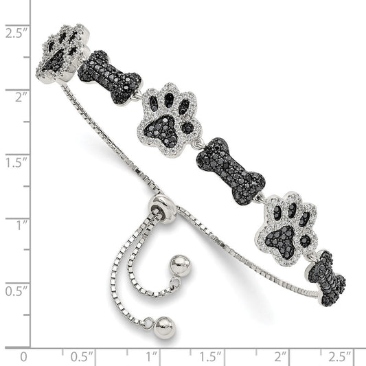 Sterling Silver Rhodium-plated CZ Paw Print & Dog Bone Adj Bracelet QG5955