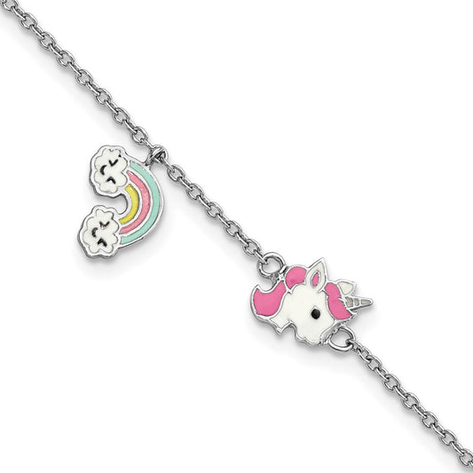 Sterling Silver Rhodium-plated Polished & Multi-color Enameled Unicorn & Rainbow with 1 Inch Extension Children's Bracelet QG6219-5.75