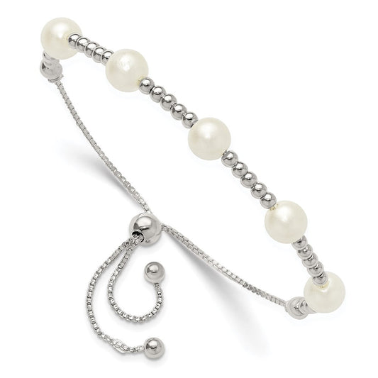 Sterling Silver Polished Beaded and Synthetic Pearl Adjustable Bracelet QG6247