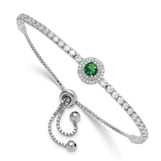 Sterling Silver Rhodium-plated CZ and Green Glass Adjustable Bracelet QG6250