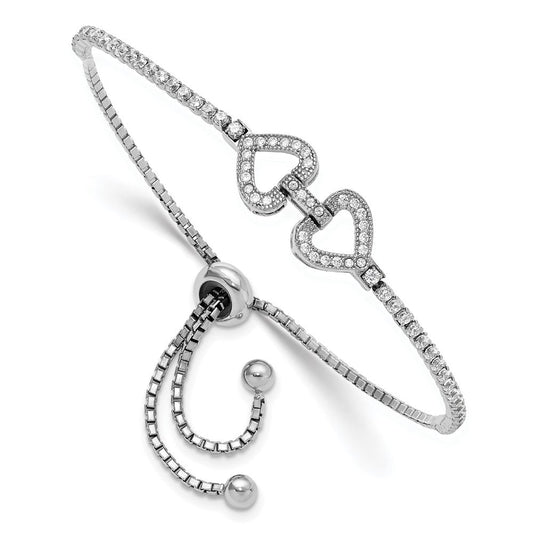 Sterling Silver Rhodium-plated CZ Linked Hearts Adjustable Bracelet QG6269