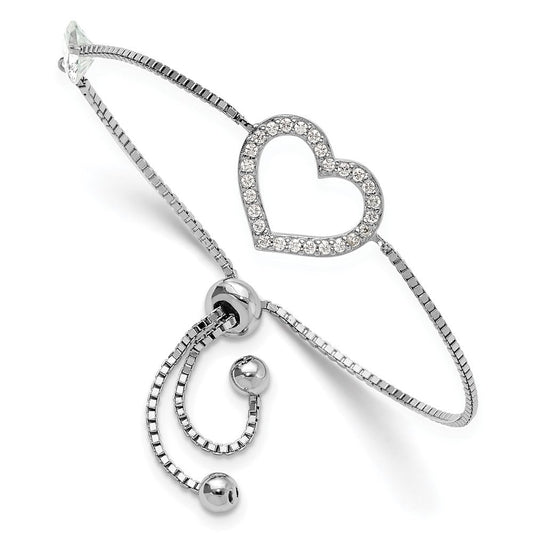 Sterling Silver Rhodium-plated Polished CZ Open Heart Adjustable Bracelet QG6270