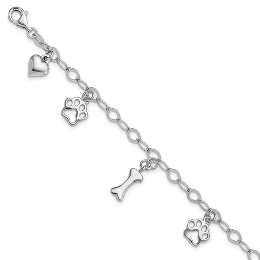 Sterling Silver Rhodium-plated Dog Bone Paw Heart Charm 7.5in Bracelet QG6346-7.5