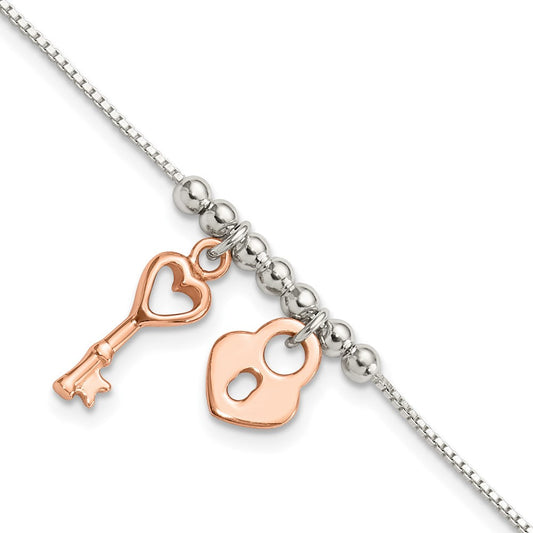 Sterling Silver w/Rose Tone Lock and Key Beaded 7in w/1in ext. Bracelet QG6363-7