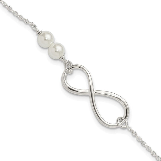 Sterling Silver Polished Simulated Pearls and Infinity with 1in ext Bracele QG6377-7