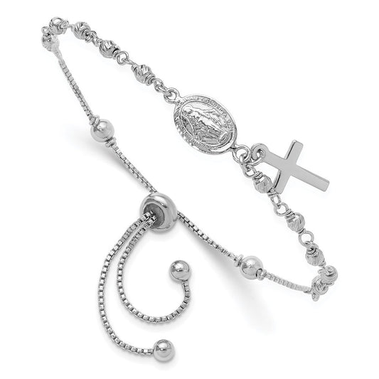 Sterling Silver Rh-plated Cross Dangle Rosary Adjustable Bracelet QG6386