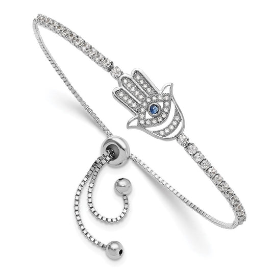 Sterling Silver Rh-plated Clear and Blue CZ Evil Eye Hamsa Adj Bracelet QG6390