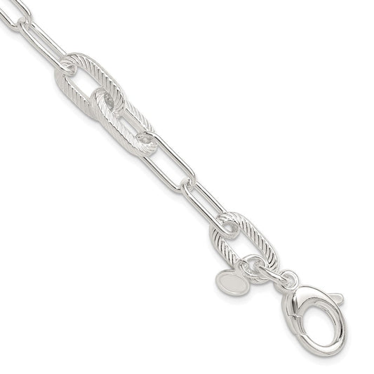 Sterling Silver Polished and Textured Paperclip Link Bracelet QG6398-7.5