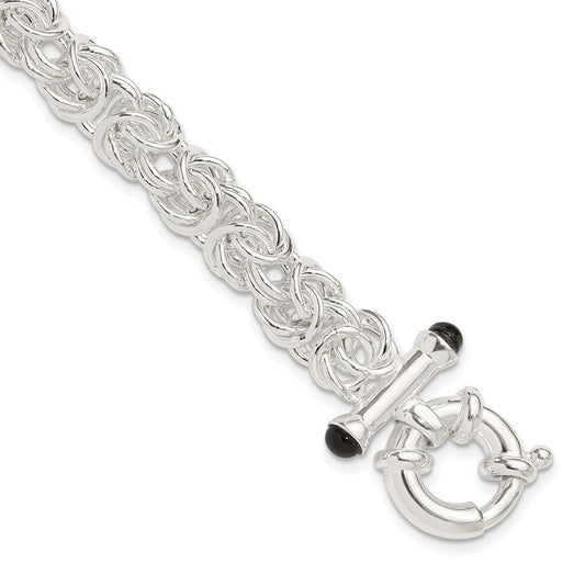 Sterling Silver Polished Black Onyx Rounded Byzantine Chain Bracelet QG6402-8