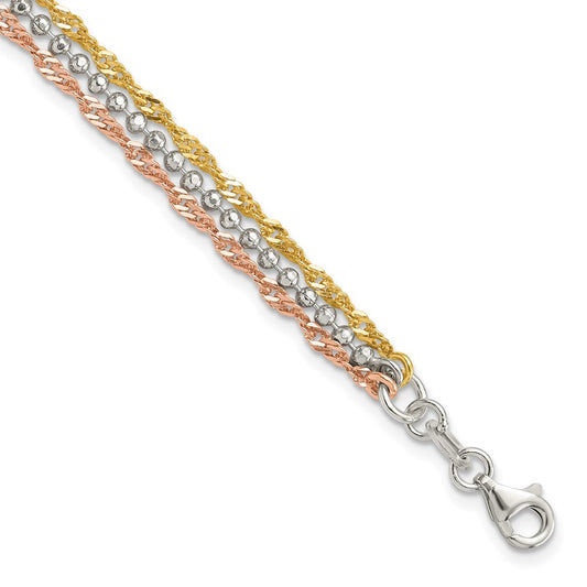 Sterling Silver Gold Tone and Rose Tone 3 Strand 7.5in Bracelet QG6412-7.5
