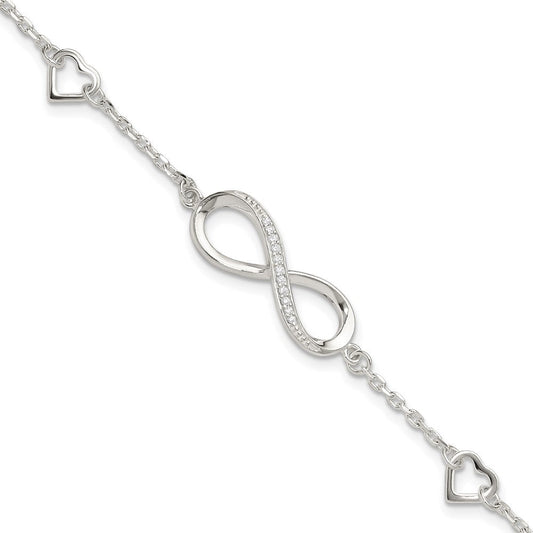 Sterling Silver Rhodium-plated CZ Infinity/Hearts 7in w/1in ext Bracelet QG6462-7
