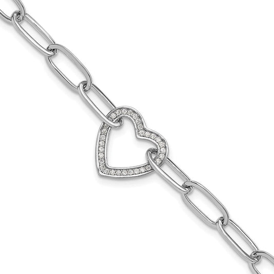 Sterling Silver Rhodium-plated Paperclip CZ Heart with 1in ext. Bracelet QG6468-7
