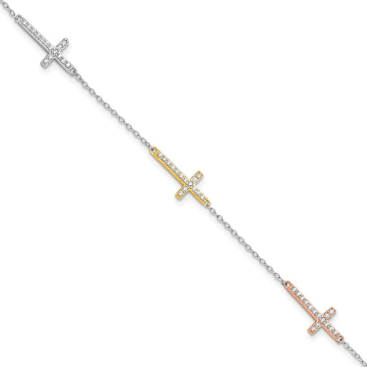 Sterling Silver Rhod-plated Gold/Rose-tone CZ Cross w/1in ext. Bracelet QG6471-7