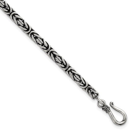 Sterling Silver Antiqued 4.0mm Byzantine 8 Inch Hook Clasp Mens Bracelet QG6782-8