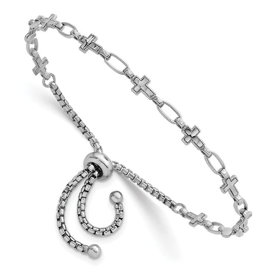 Sterling Silver Rhodium-plated Polished Cross and Rectangle Link Adjustable Bolo Bracelet QG6802